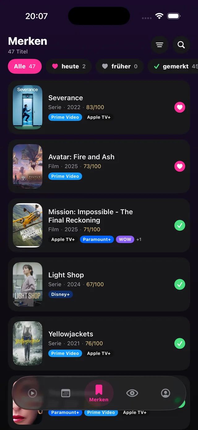 Tonite Merken-Liste mit Streamer- und Format-Filtern